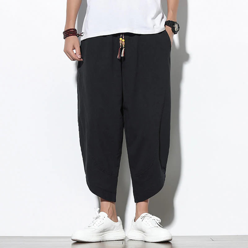 Buddha Stones Casual Summer Drawstring 7-8 Length Linen Men's Harem Pants With Pockets