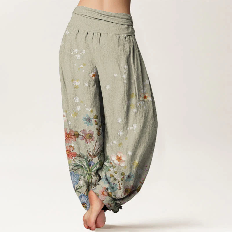 Buddha Stones Cotton Various Flowers Pattern Women's Elastic Waist Harem Pants