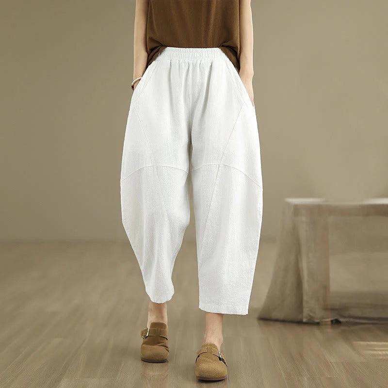 Buddha Stones Spring 7-8 Length Solid Color Women's Cotton Linen Harem Pants With Pockets
