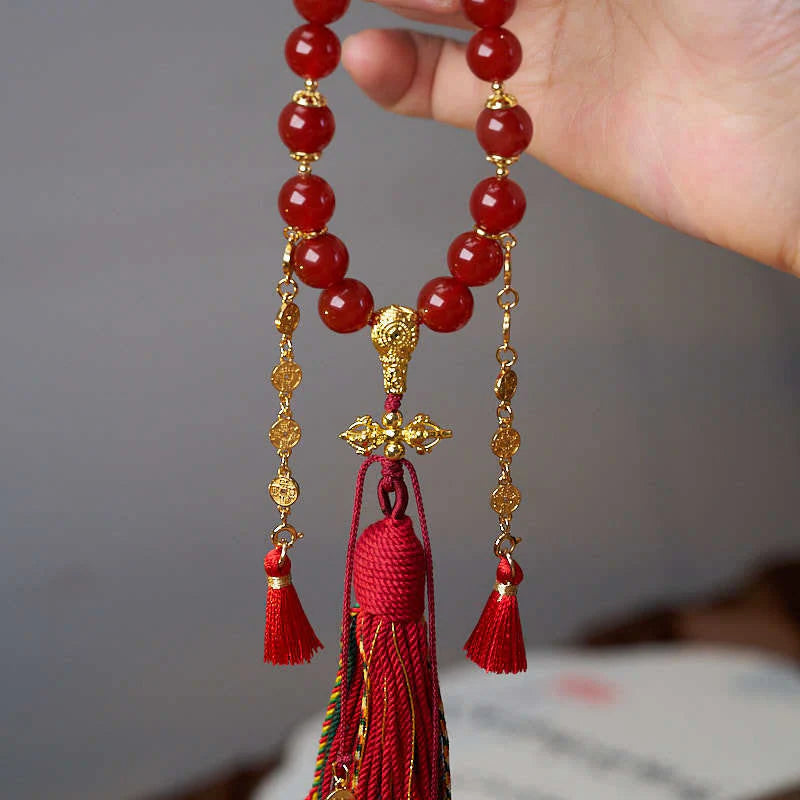 Buddha Stones 18 Beads Copper Coins Tibet Tassel Red Agate Calm Wrist Mala