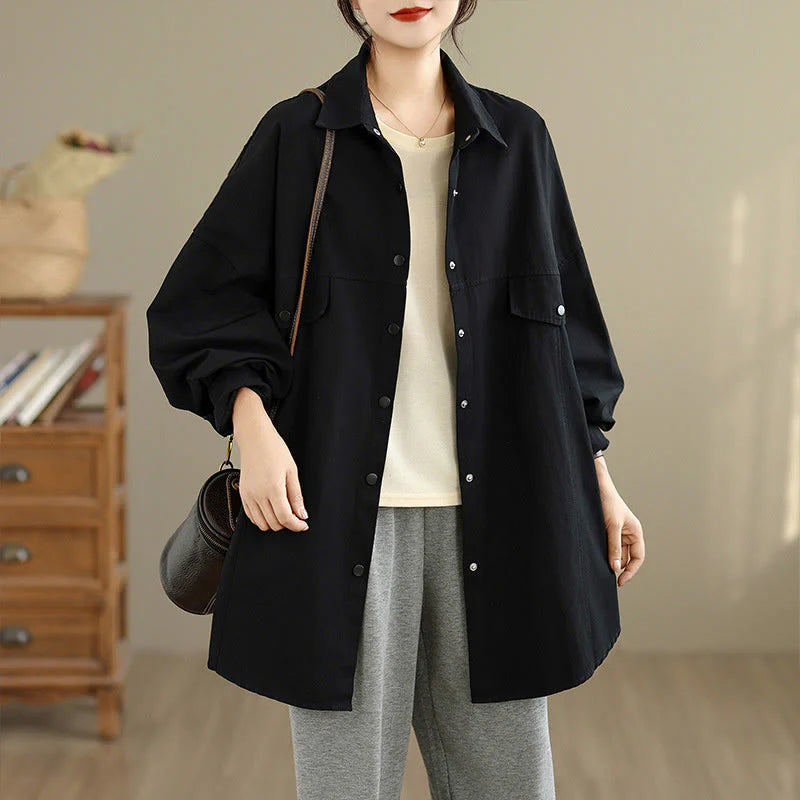 Buddha Stones Fall Pure Color Lapel Button Simple Design Women's Cotton Long Sleeve Jacket