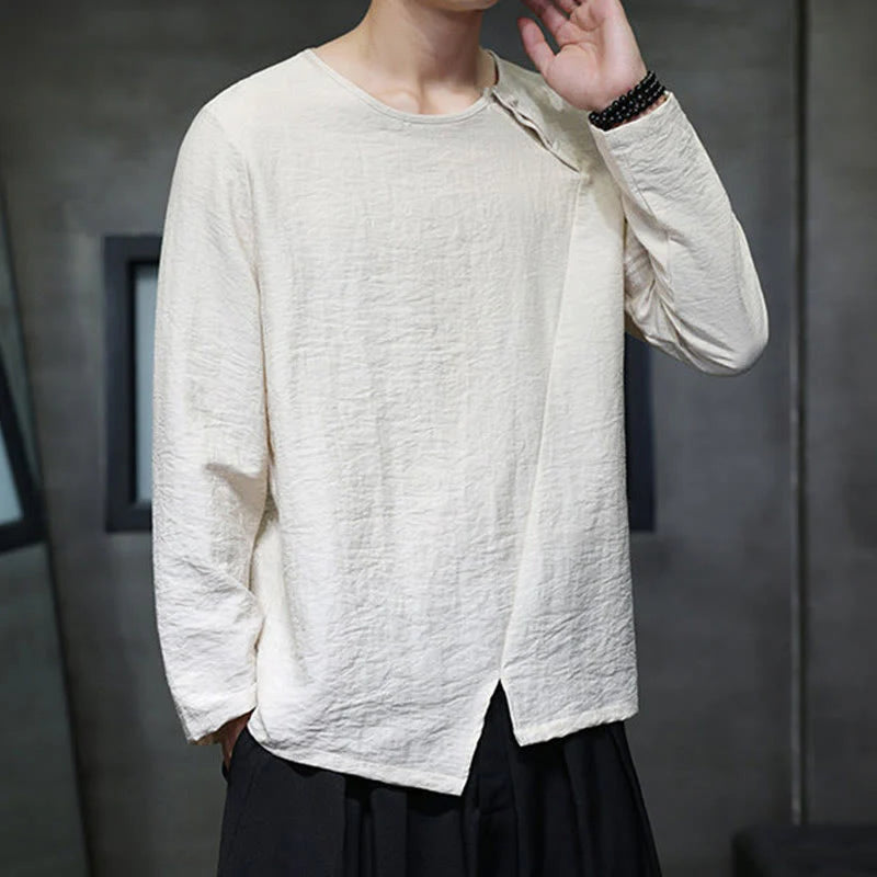 Buddha Stones Solid Color Loose Long Sleeve Round Neck Men's Shirts