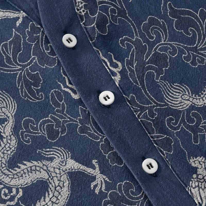Buddha Stones Cotton Dragon Lotus Pattern Men's Short Sleeve Half Button Shirt