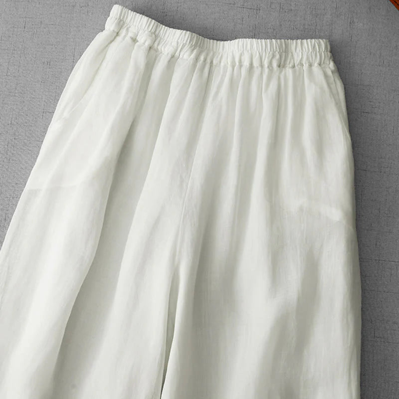 Buddha Stones Commute Solid Color Lace Embroidery Design Cotton Women's Wide Leg Cropped Pants With Pockets