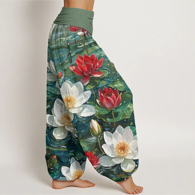 Buddha Stones Cotton Casual Blooming Red Lotus Flower Pattern Women's Elastic Waist Harem Pants
