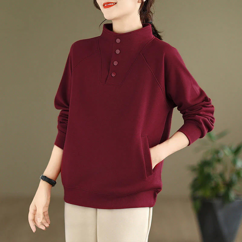 Buddha Stones Fall Solid Stand Collar Buttons Design Long Sleeve Women's Cotton Sweatshirt