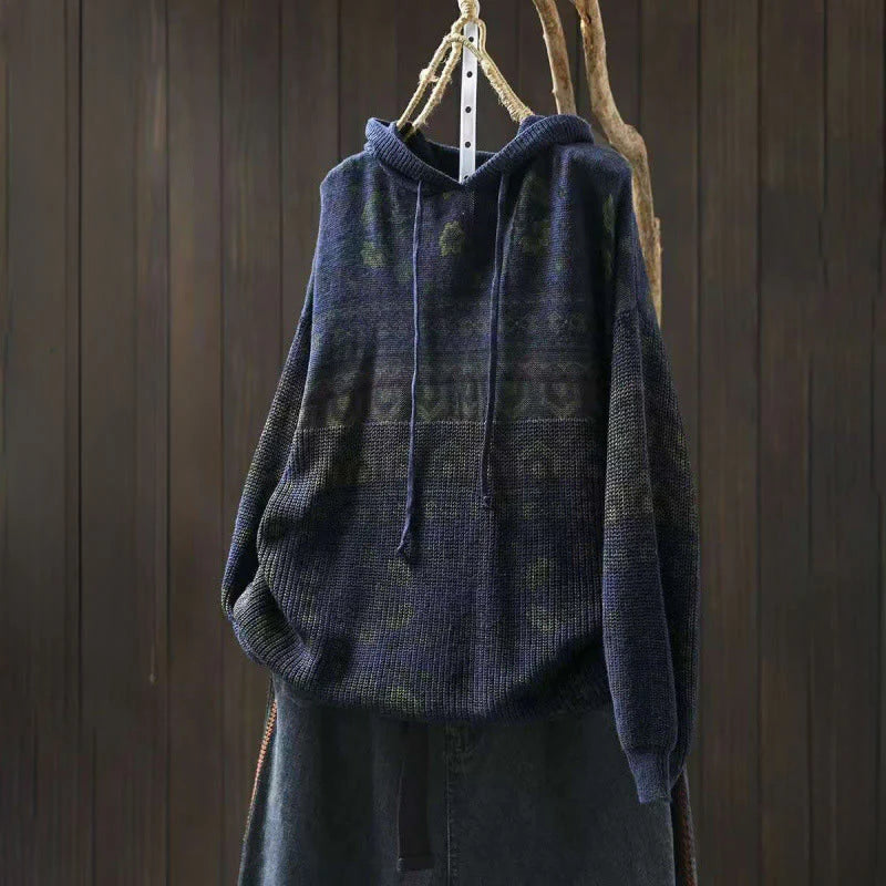 Buddha Stones Fall Striped Geometric Flowers Cotton Women's Long Sleeve Pullover Knitted Hoodie