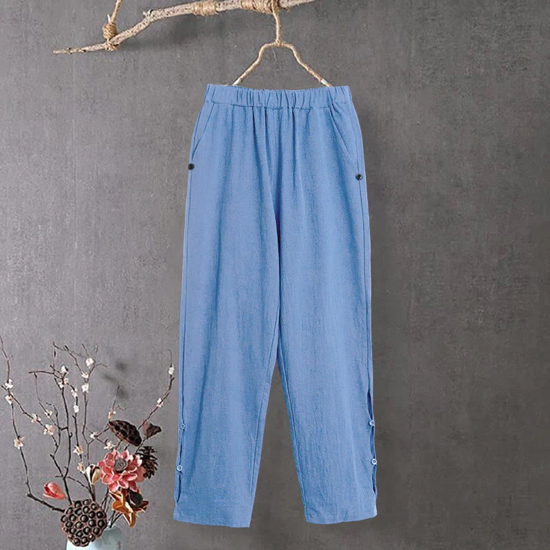 Buddha Stones Casual Pure Color Hollow Button Cuff Design Women's Cotton Linen Pants With Pockets