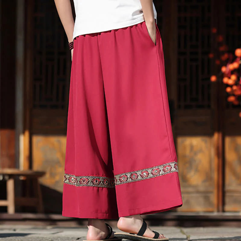 Buddha Stones Summer Cotton Embroidered Hem Elastic Waist Men's Cropped Wide Leg Pants With Pockets