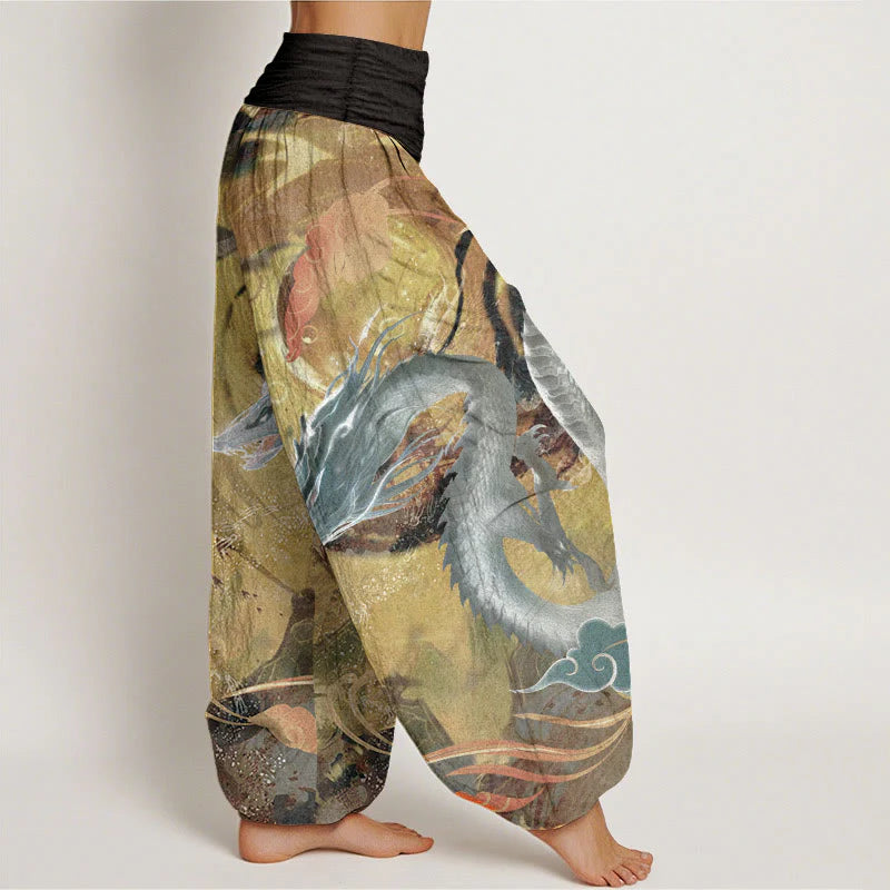 Buddha Stones Pure Cotton Dragon Auspicious Clouds Pattern Women's Elastic Waist Harem Pants