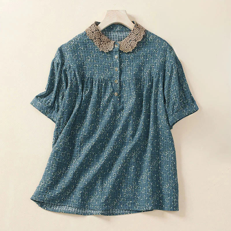 Buddha Stones Front Button Design Floral Print Pattern Women's Cotton Half Sleeve Shirt