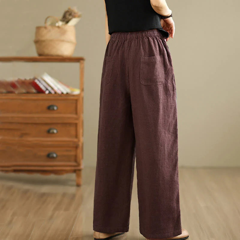 Buddha Stones Commute Retro Solid Color Women's Harem Drawstring Cotton Pants With Pockets
