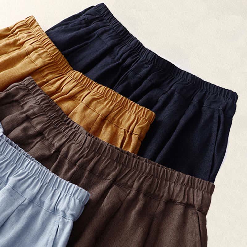 Buddha Stones Summer Plain Elastic Waist Two-tone Cuffs Cropped Women's Tapered Pants With Pockets