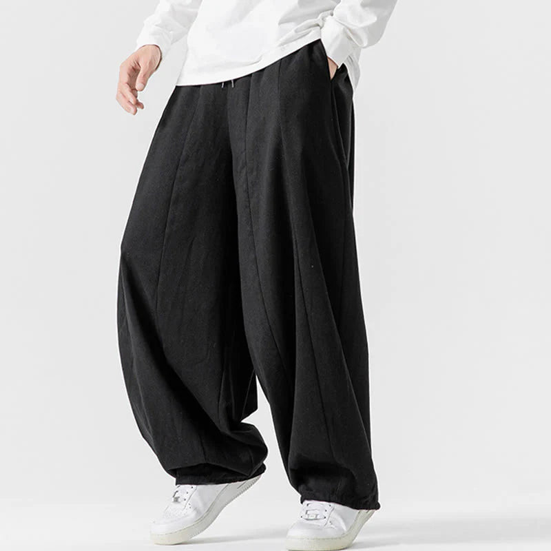 Buddha Stones Fall Solid Color Cotton Elastic Waist Men's Harem Pants With Pockets