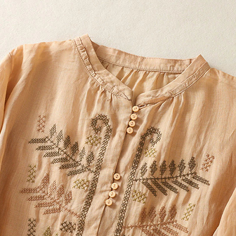 Buddha Stones Casual Artistic Embroidery Leaves Pattern Women's Cotton Linen Three Quarter Sleeve Shirt Cardigan