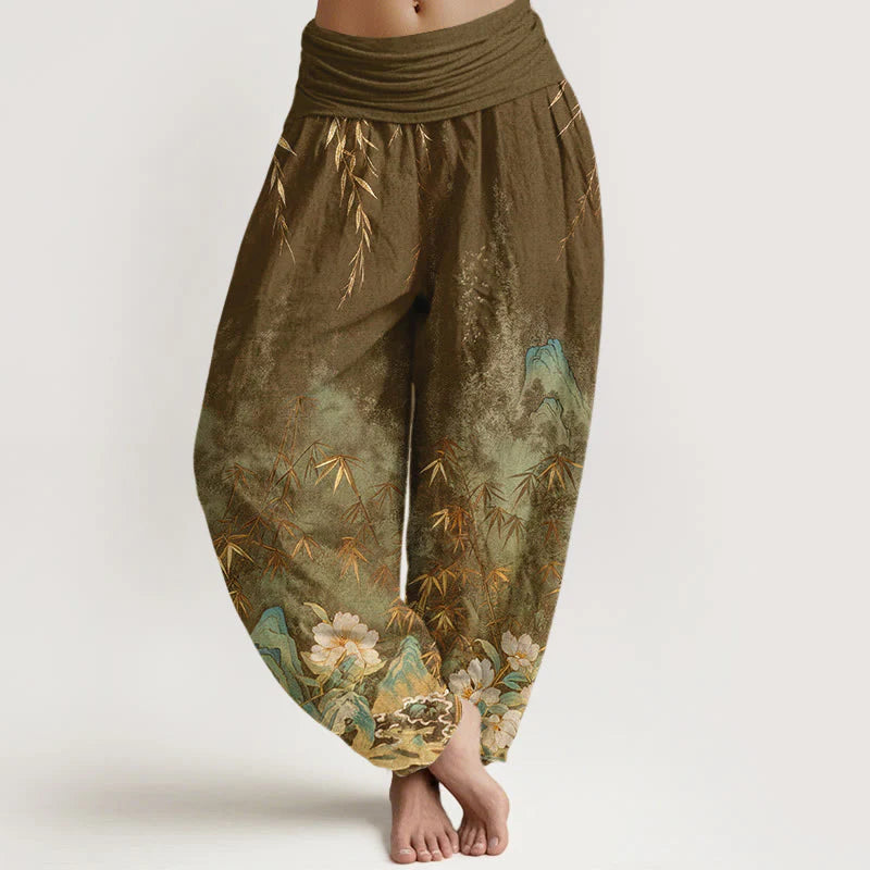 Buddha Stones Cotton Natural Landscape Bamboo Flowers Pattern Women's Elastic Waist Harem Pants
