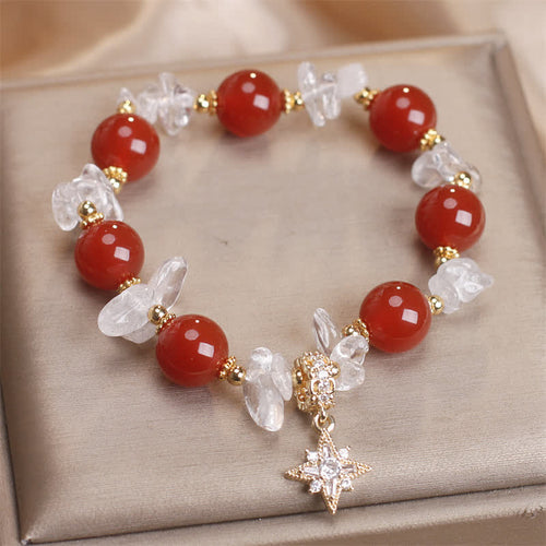 Buddha Stones Natural Red Agate Clear Quartz Hexagram Charm Confidence Bracelet