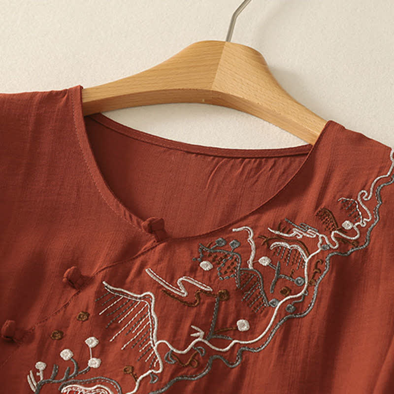 Buddha Stones Summer Mountain Embroidered Crew Neck Women's Short Sleeve Shirt