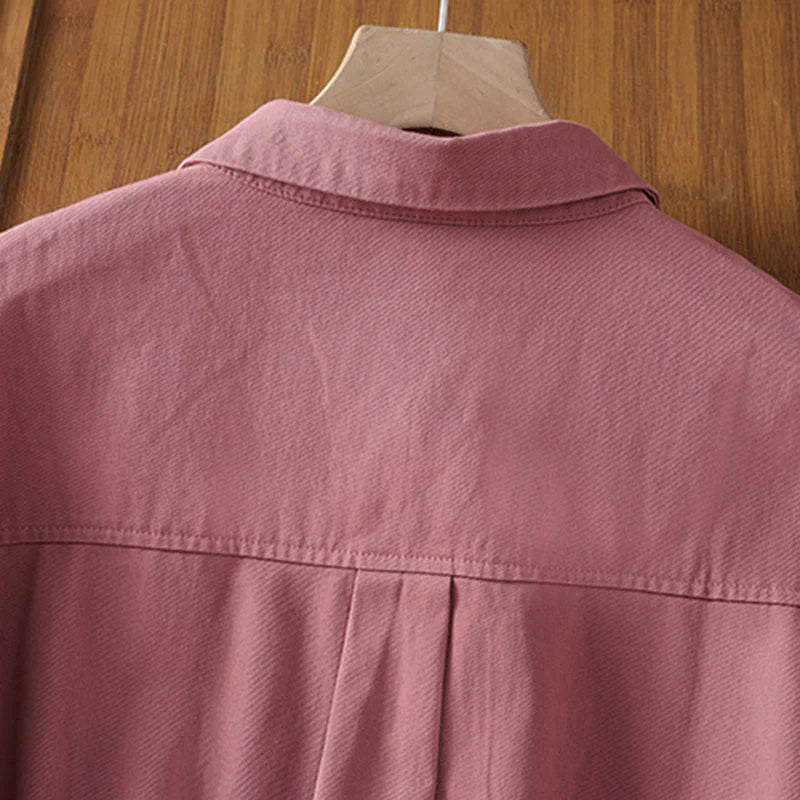 Buddha Stones Spring Plain Lapel Long Sleeve Women's Cotton Shirt With Pockets