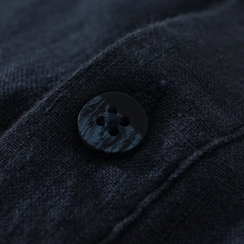Buddha Stones Solid Color Loose Long Sleeve Half Button Shirt Linen Men Clothing