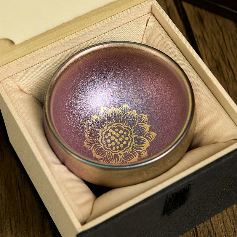 Buddha Stones Handmade Chinese Jianzhan Golden Lotus Flower Ceramic Teacup Kung Fu Tea Cup 150ml