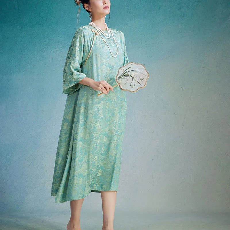 Buddha Stones Small Flower Leaf Jacquard Chinese Cheongsam Qipao Midi Dress With Pockets