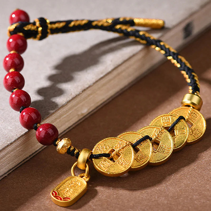 Buddha Stones Five-Emperor Coins Copper Amethyst Cinnabar Black Red String Balance Attract Fortune Bracelet