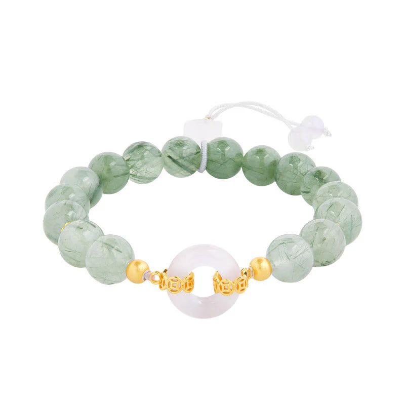 Buddha Stones 925 Sterling Silver Green Rutilated Quartz White Chalcedony Peace Buckle Courage Bracelet