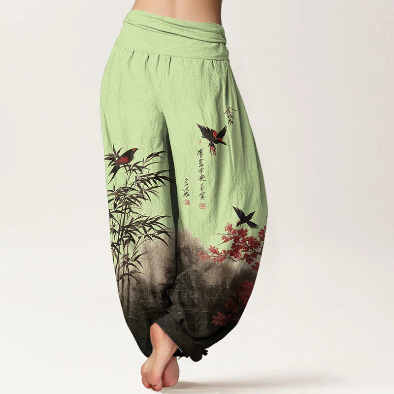 Buddha Stones Cotton Classical Bamboo Bird Flower Pattern Women's Elastic Waist Harem Pants