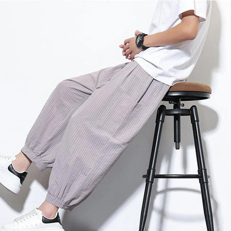 Buddha Stones Casual Striped Men's Cotton 7-8 Length Harem Pants With Pockets