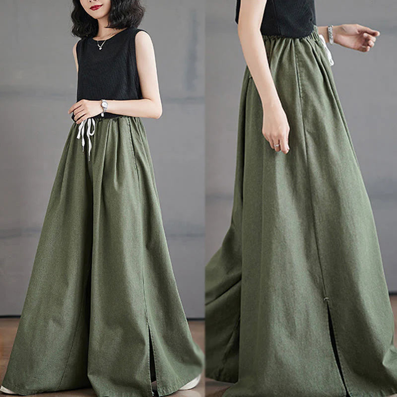Buddha Stones Retro Leg Opening Slit Design Women's Wide Leg Pants With Pockets