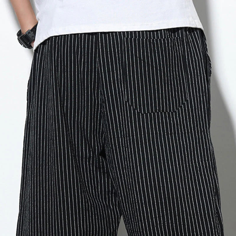 Buddha Stones Summer Stripes Pattern Drawstring Cotton Linen Men's 7-8 Length Harem Pants With Pockets