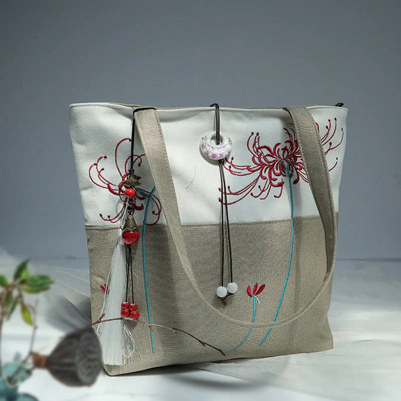 Buddha Stones Pear Flower Plum Peach Blossom Bamboo Embroidery Canvas Large Capacity Shoulder Bag Tote Bag