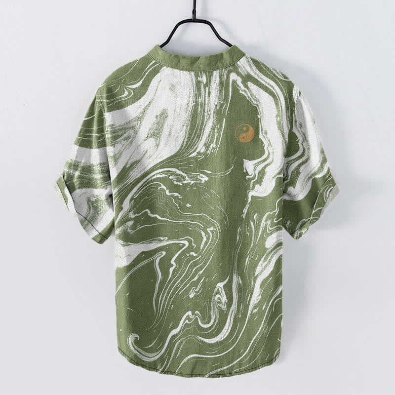 Buddha Stones Cotton Tai Chi Pattern Men's Short Sleeve Half Button Shirt