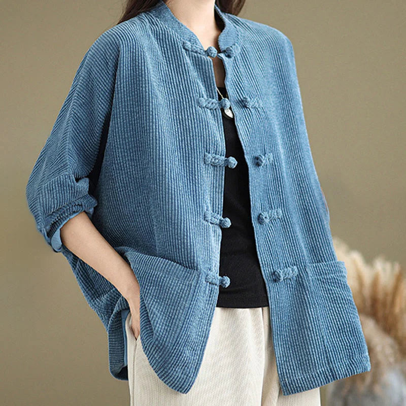 Buddha Stones Frog-button Stand Collar Women's Corduroy Jacket