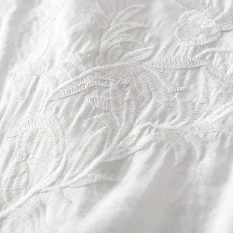 Buddha Stones Summer White Pure Color Embroidery Leaf Flower V-Neck Short Sleeve Midi Dress With Pockets