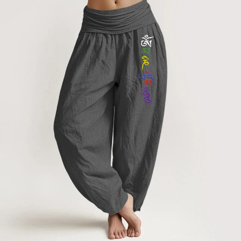 Buddha Stones Pure Cotton Om Symbol Tibetan Script Pattern Women's Elastic Waist Harem Pants