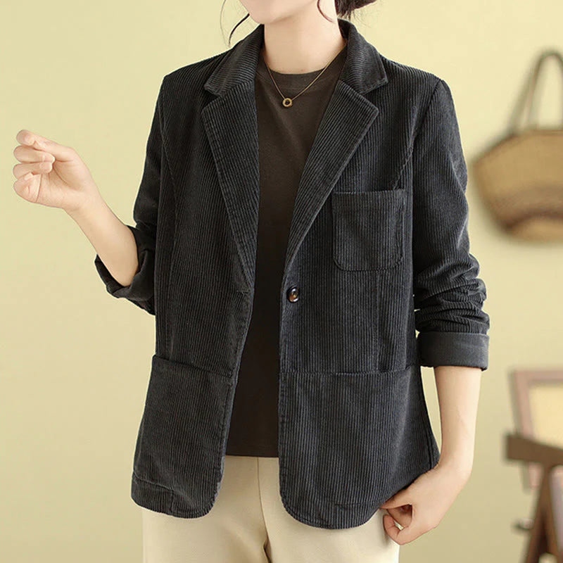 Buddha Stones Retro Plain Women's Long Sleeve Corduroy Jacket With Pockets