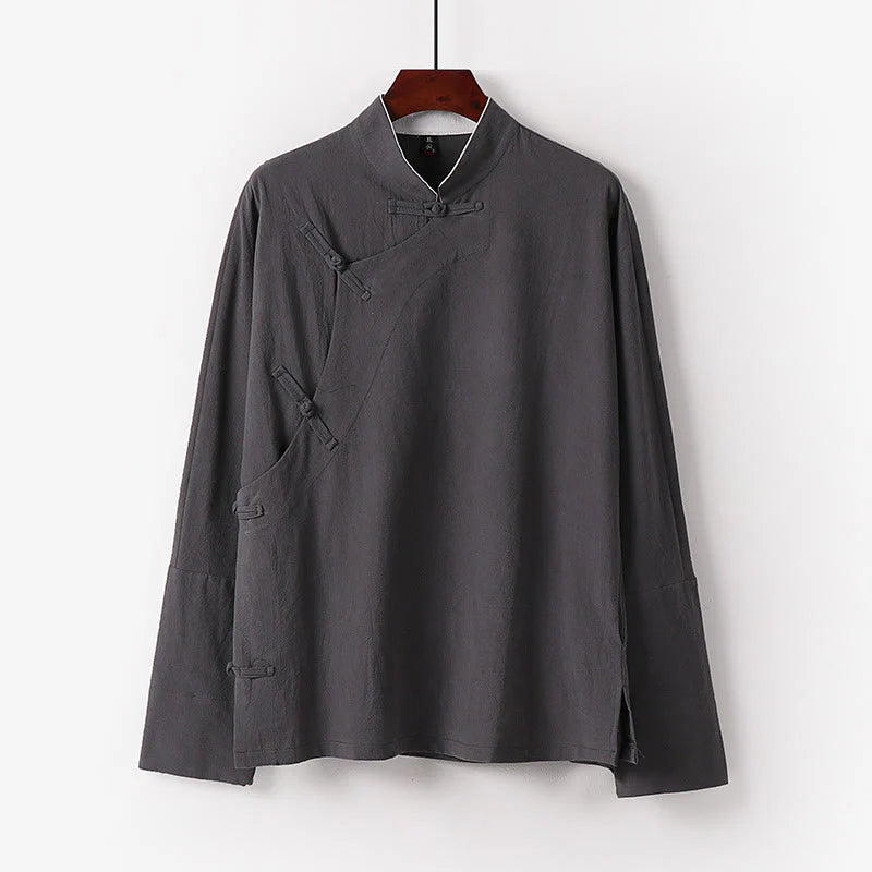 Buddha Stones Vintage Plain Chinese Frog-Button Cotton Long Sleeve Men's Shirt