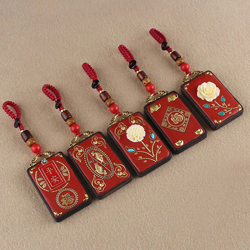 Buddha Stones Ebony Flower Koi Fish Fu Character Button Rope Key Chain