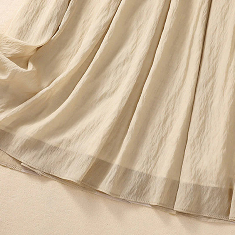 Buddha Stones Casual Contrasting Color Pleated Lace-Up Design Women's Cotton Linen 7-8 Length Skirt