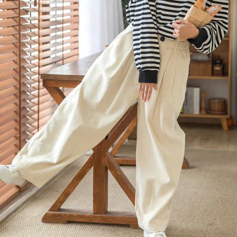 Buddha Stones Women's High Waist Zipper Design Wide Leg Cotton Corduroy Pants With Pockets