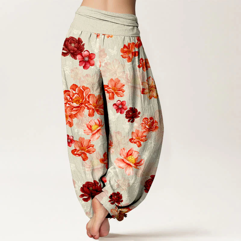 Buddha Stones Cotton Intensely Colored Flower Pattern Women's Elastic Waist Harem Pants