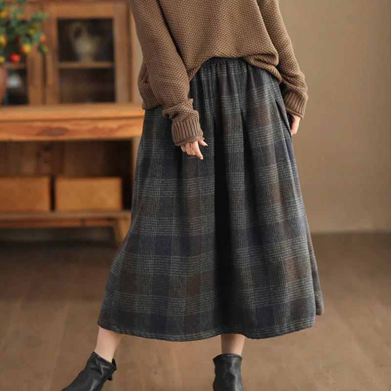 Buddha Stones Women's Winter Plaid Pattern Cotton Thermal 7-8 Length Skirt With Pockets