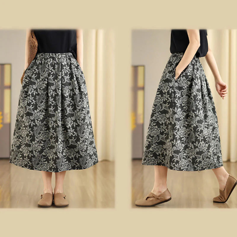 Buddha Stones Printing Flower Paisley Pattern A-line Elastic Waist Cotton Women's Skirt With Pockets