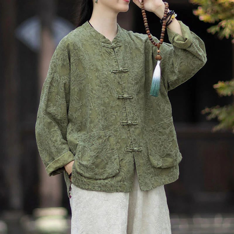 Buddha Stones Fall Jacquard Women's Frog-Button Long Sleeve Shirt Pants Cotton Linen Clothing
