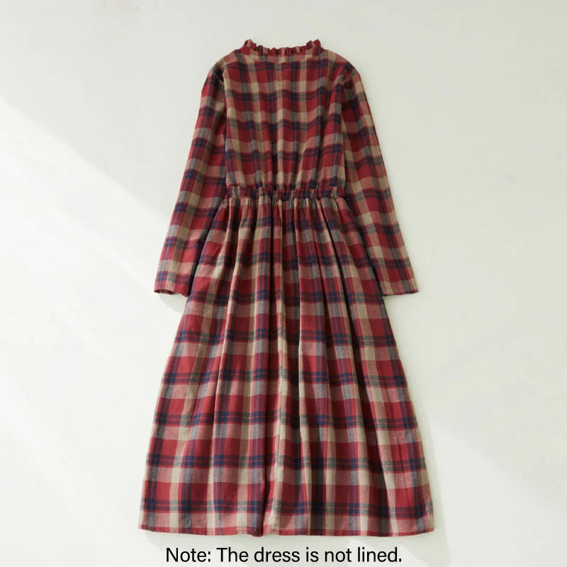 Buddha Stones Plaid Ruffled V-Neck Long Sleeve Drawstring Cotton Linen Midi Dress With Pockets