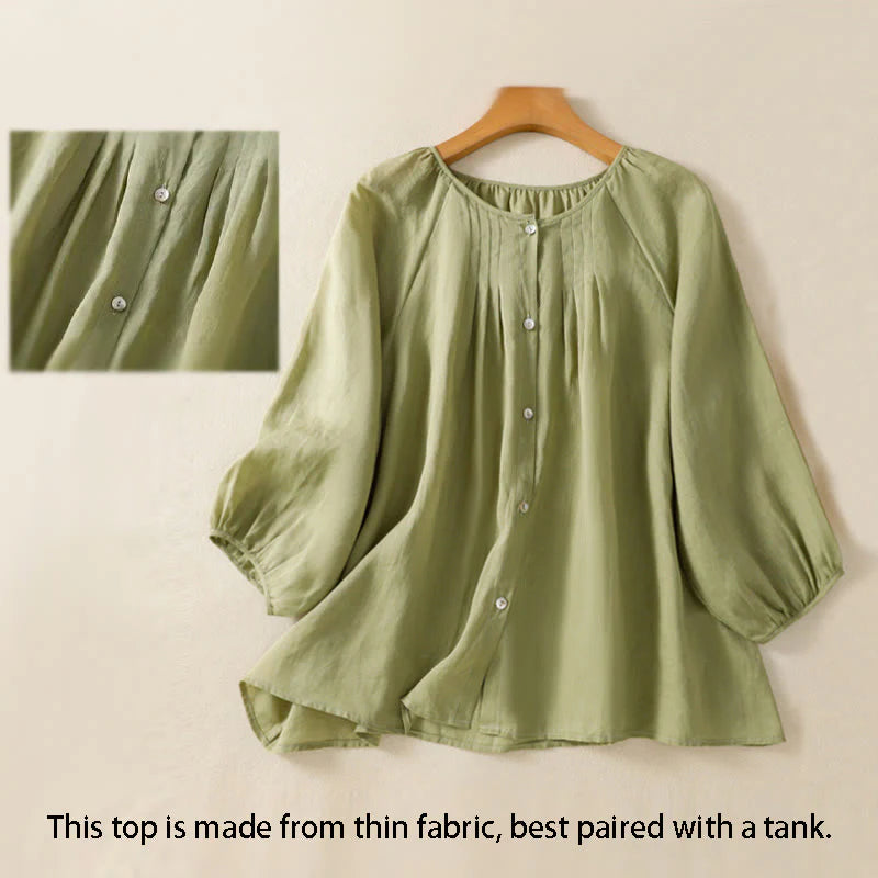 Buddha Stones Plain Button Crew Neck Three Quarter Sleeve Women's Cotton Shirt