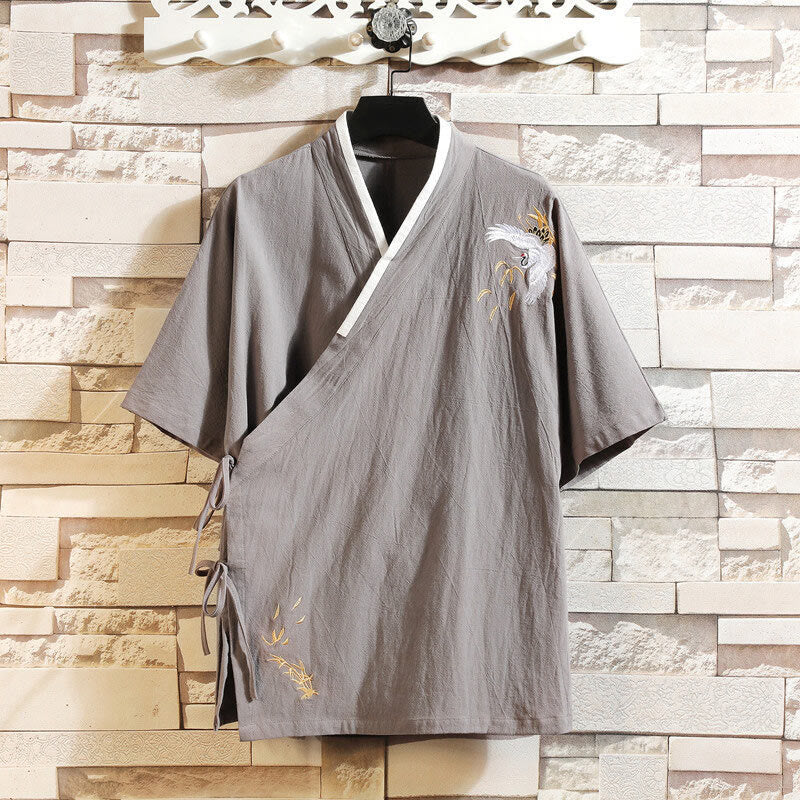 Buddha Stones Tang Suit Embroided Crane Pattern Lace-Up Side Men's Cotton Linen Short Sleeve T-Shirt