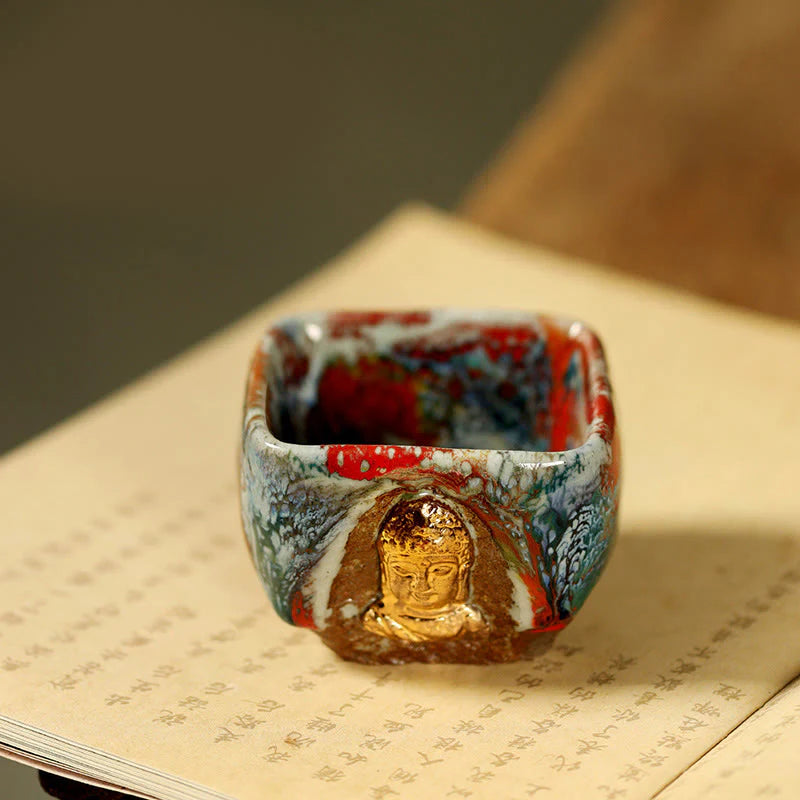 Buddha Stones Hand-painted Dunhuang Meditating Buddha Shino Ceramic Teacup Kung Fu Tea Cup